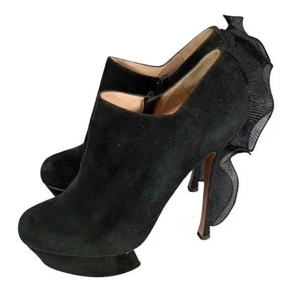 Nicholas Kirkwood Bootie Ankle Heels Shoes Ruffle Platform Black Suede 40/US 10 - Picture 3 of 11